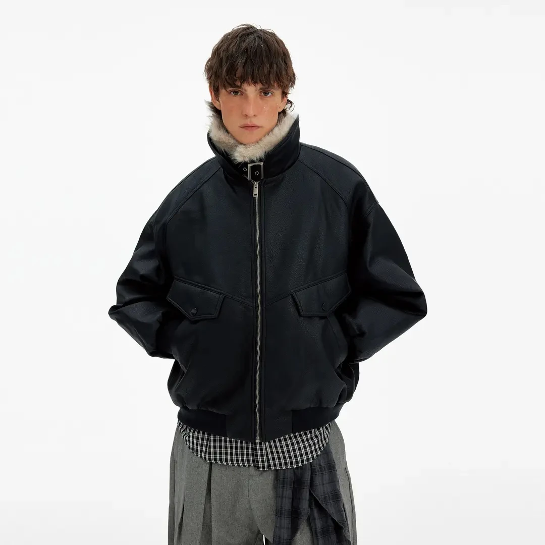 美式复古毛领拼接PU皮衣棉服男女冬季保暖加厚座山雕外套