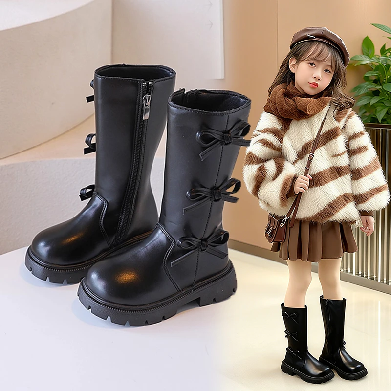 儿童鞋高筒加绒马丁长靴秋冬款时尚女童骑士靴宝宝软底蝴蝶结皮靴