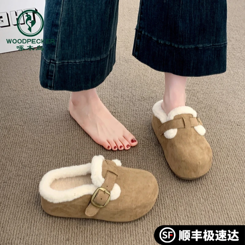 啄木鸟拖鞋秋冬一女外加绒2025保暖穿新款棉拖半脚蹬包头厚底