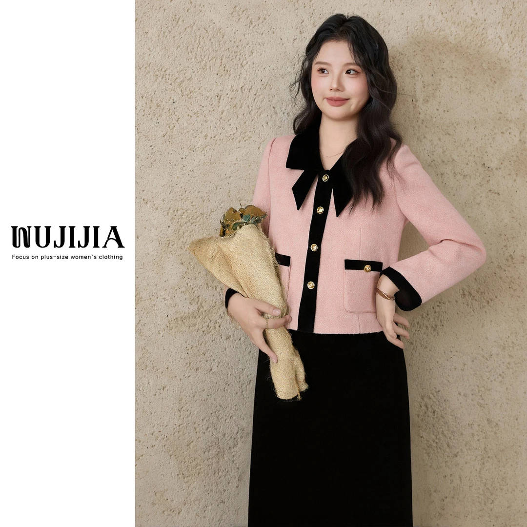 【五季家大码】法式赫本蝴蝶结小香风加厚外套长半裙两件套ZL101411