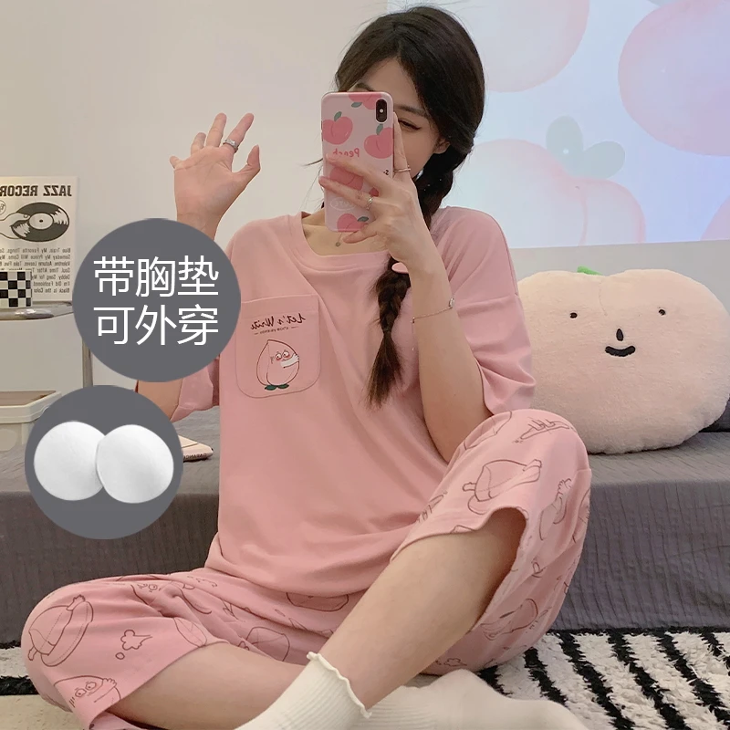 浪莎睡衣女夏季带胸垫防凸点短袖七分裤夏天宽松薄款家居服套装G