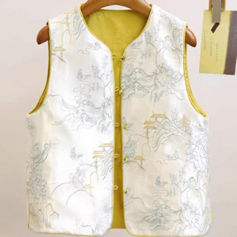 绣山亭影缎面底刺绣高端国风马甲连衣裙旗袍上衣面料