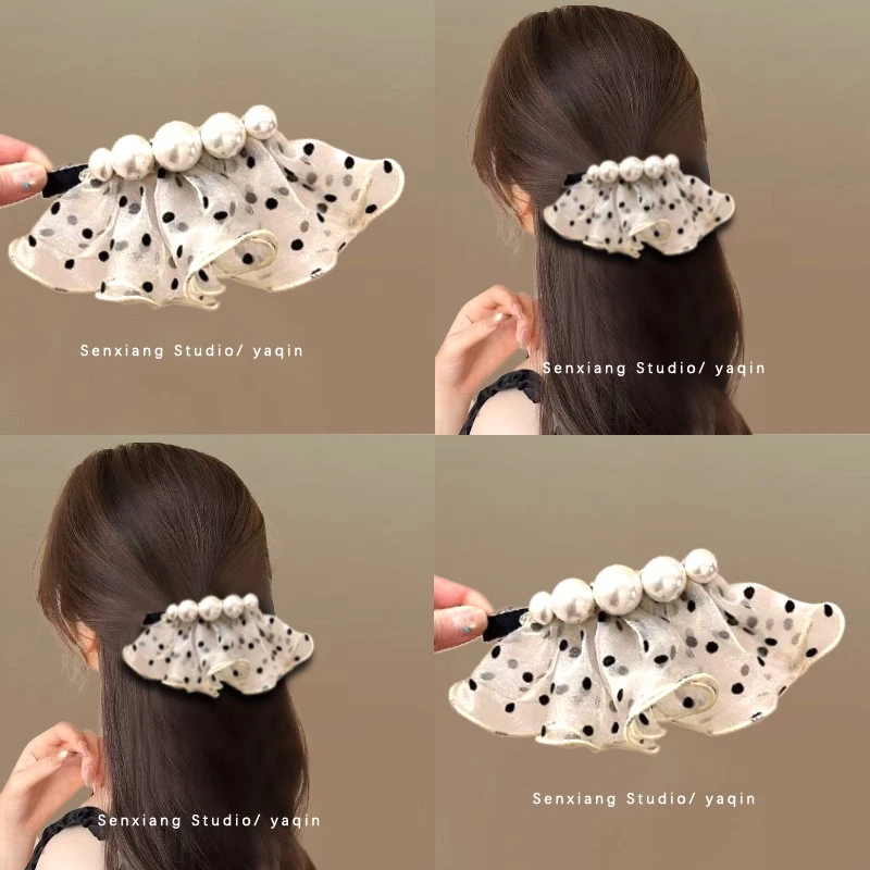 月光浴~黑色小香风珍珠发夹时尚半扎马尾弹簧夹ins高颜值盘发头饰