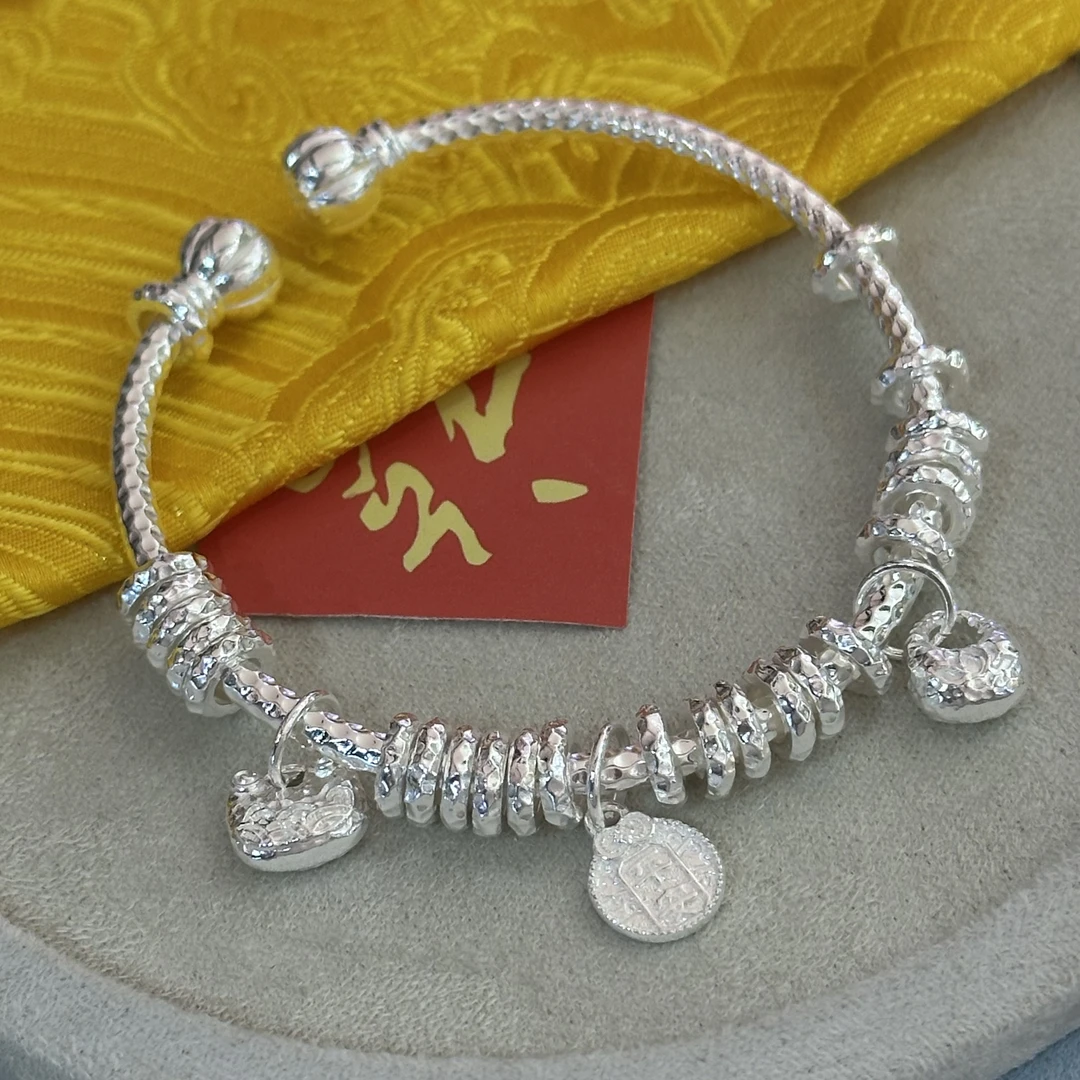 足银手镯 【精工】足银999.9盘缠平安胖福手镯女款锤纹福牌镯子礼物