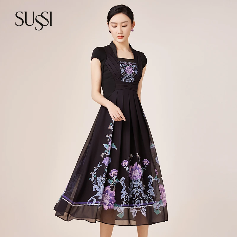 SUSSI/古色夏季新品黑色X型印花显瘦立领短袖中长款复古连衣裙女
