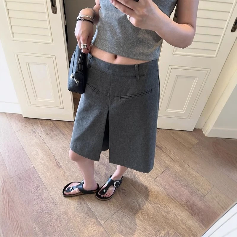 灰色雅痞叠褶高腰中短西装裤女春夏大码胖mm设计显瘦休闲阔腿裤