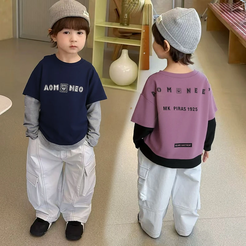 男童纯棉长袖t恤秋季新款儿童打底衫小中大童男孩宽松假两件上衣