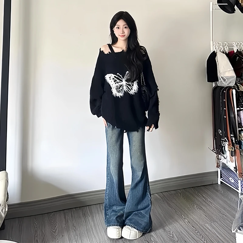 春秋黑色露肩蝴蝶结毛衣女2025年新款慵懒风宽松破洞针织衫上衣