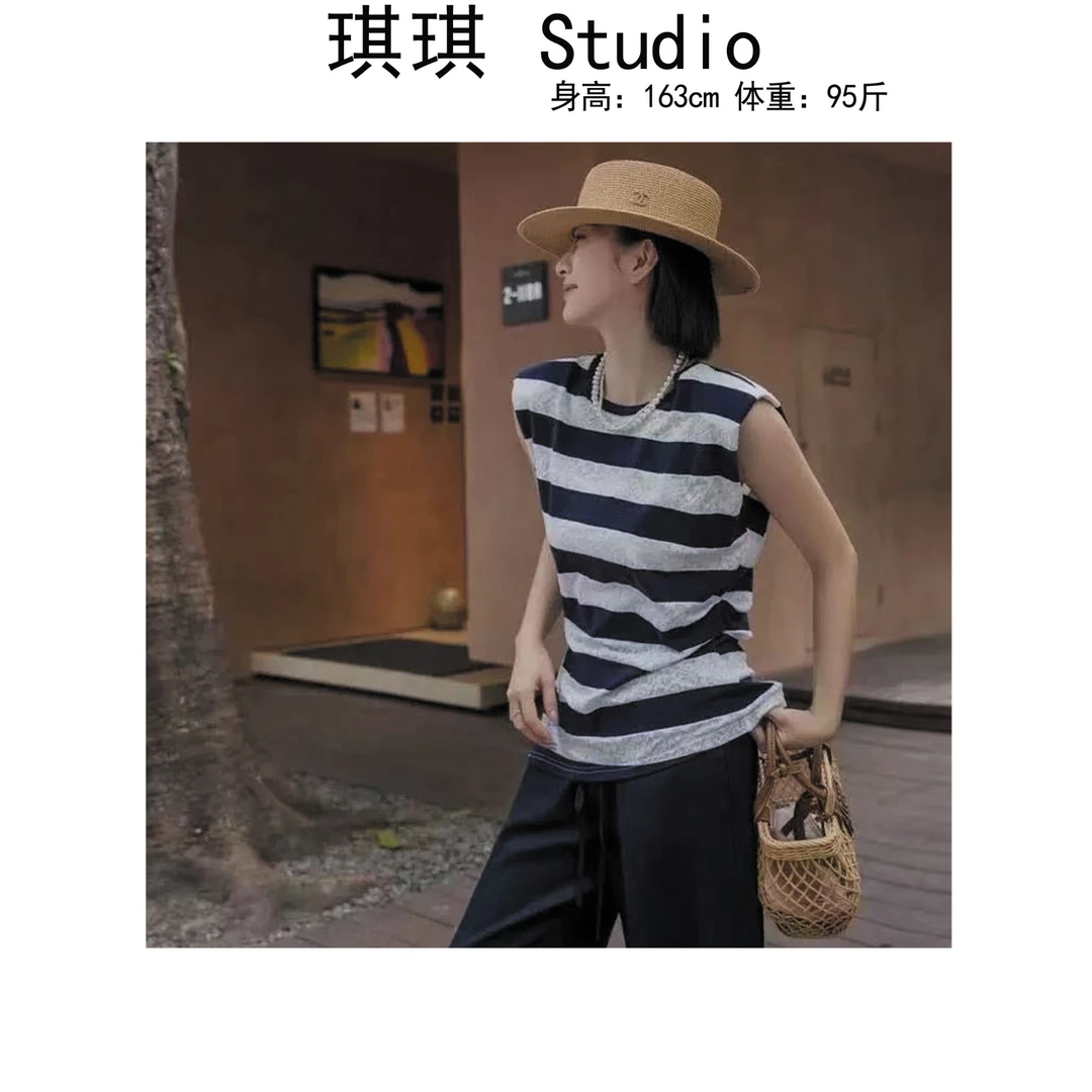 《琪琪家》夏季新款潮流气质时尚显瘦减龄百搭条纹上衣9396-Y