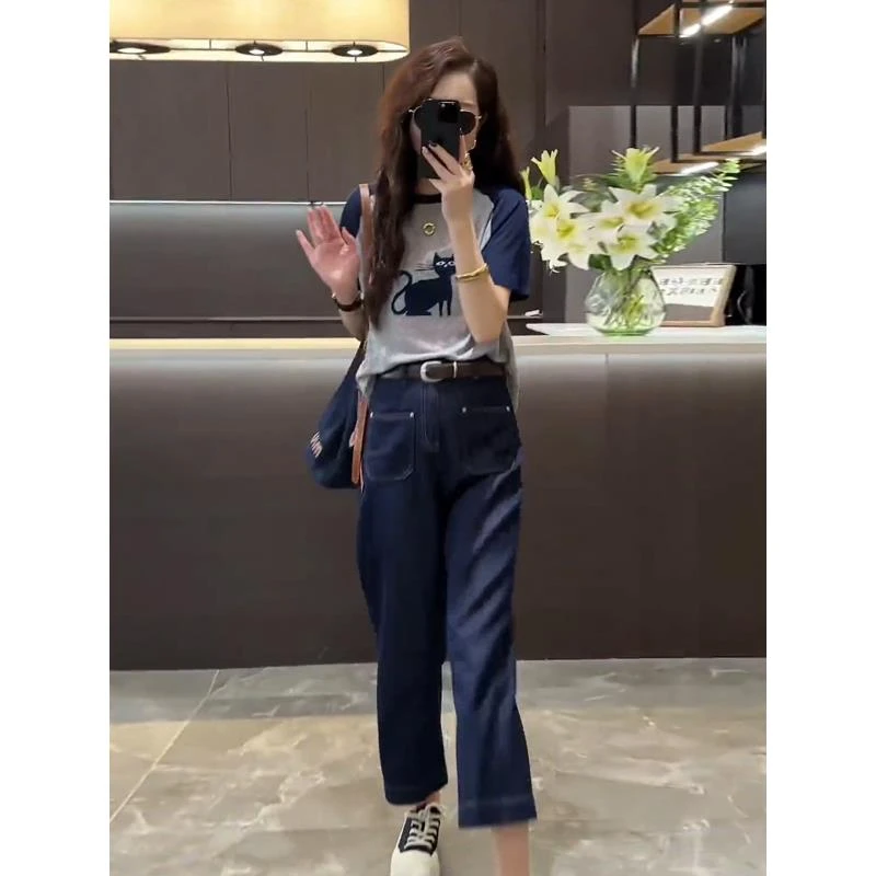 夏季减龄一整套穿搭2025新款美式卡通印花针织衫牛仔阔腿裤两件套