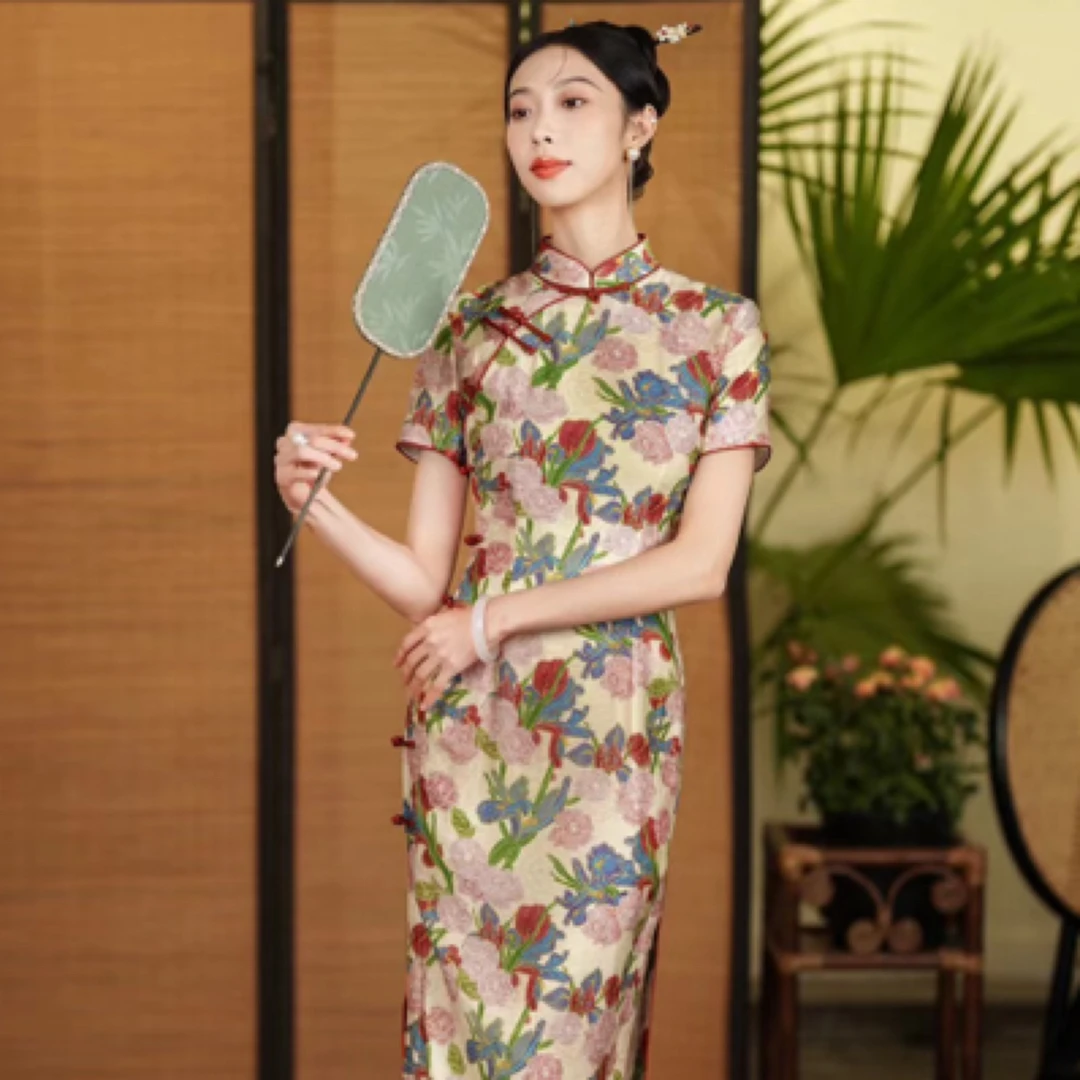 壹念春满园高级浮雕花色春夏年轻日常修身复古花色旗袍