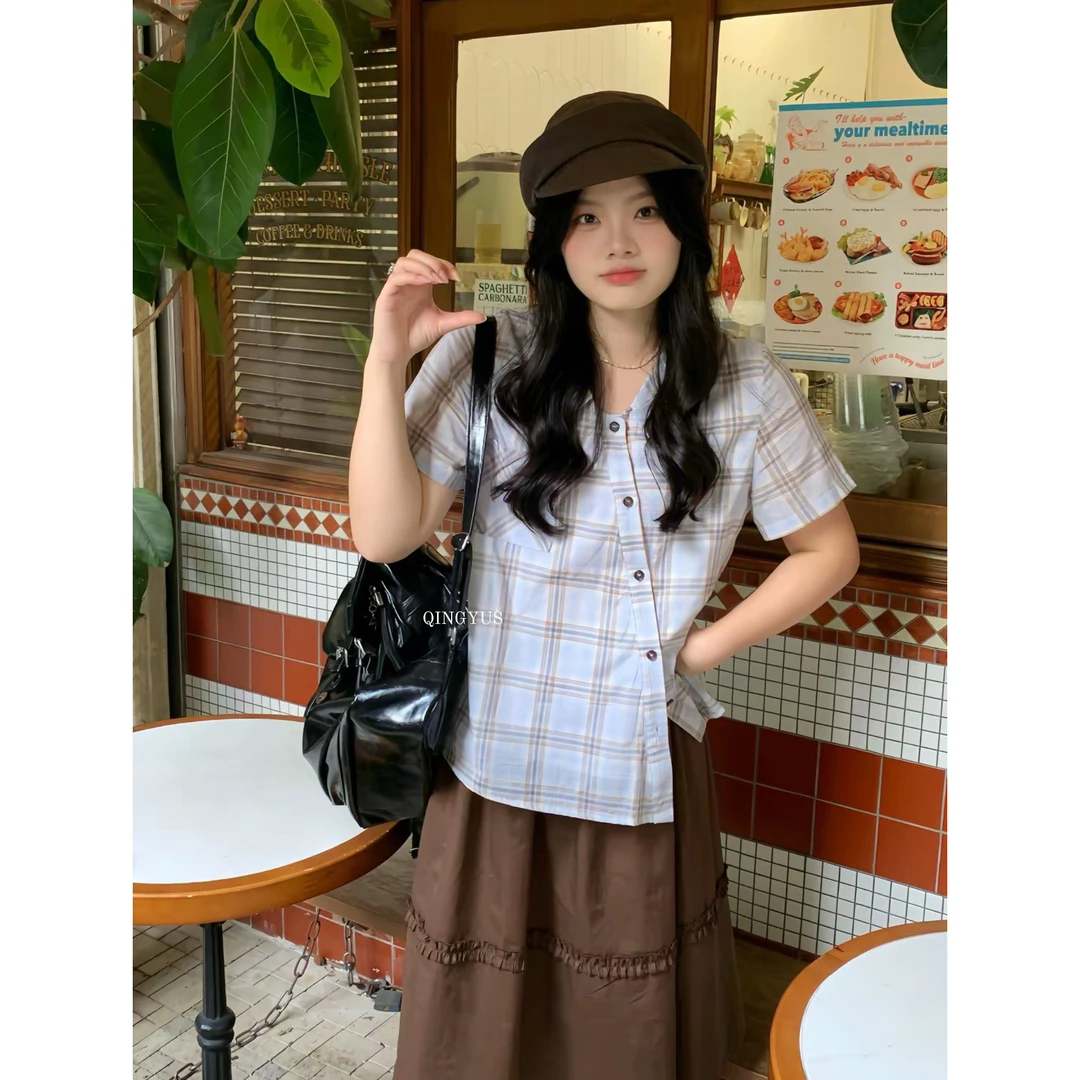 青屿衫-微胖显瘦韩系复古宽松格子斜扣衬衫设计感减龄上衣大码女