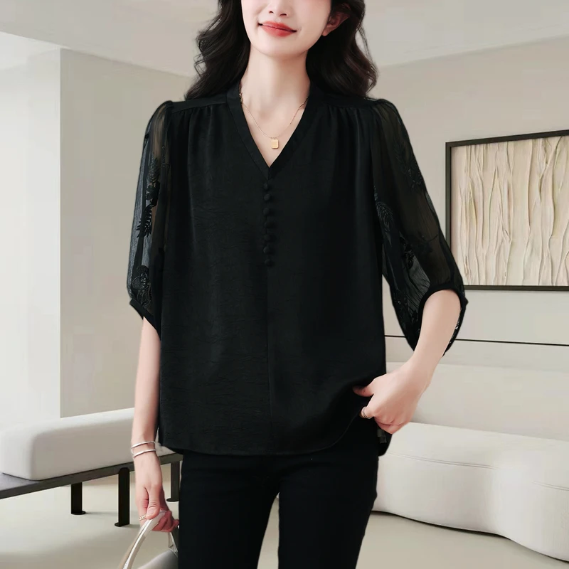 法式黑色衬衫上衣女短袖2023夏季新款洋气减龄休闲宽松tT恤小衫女