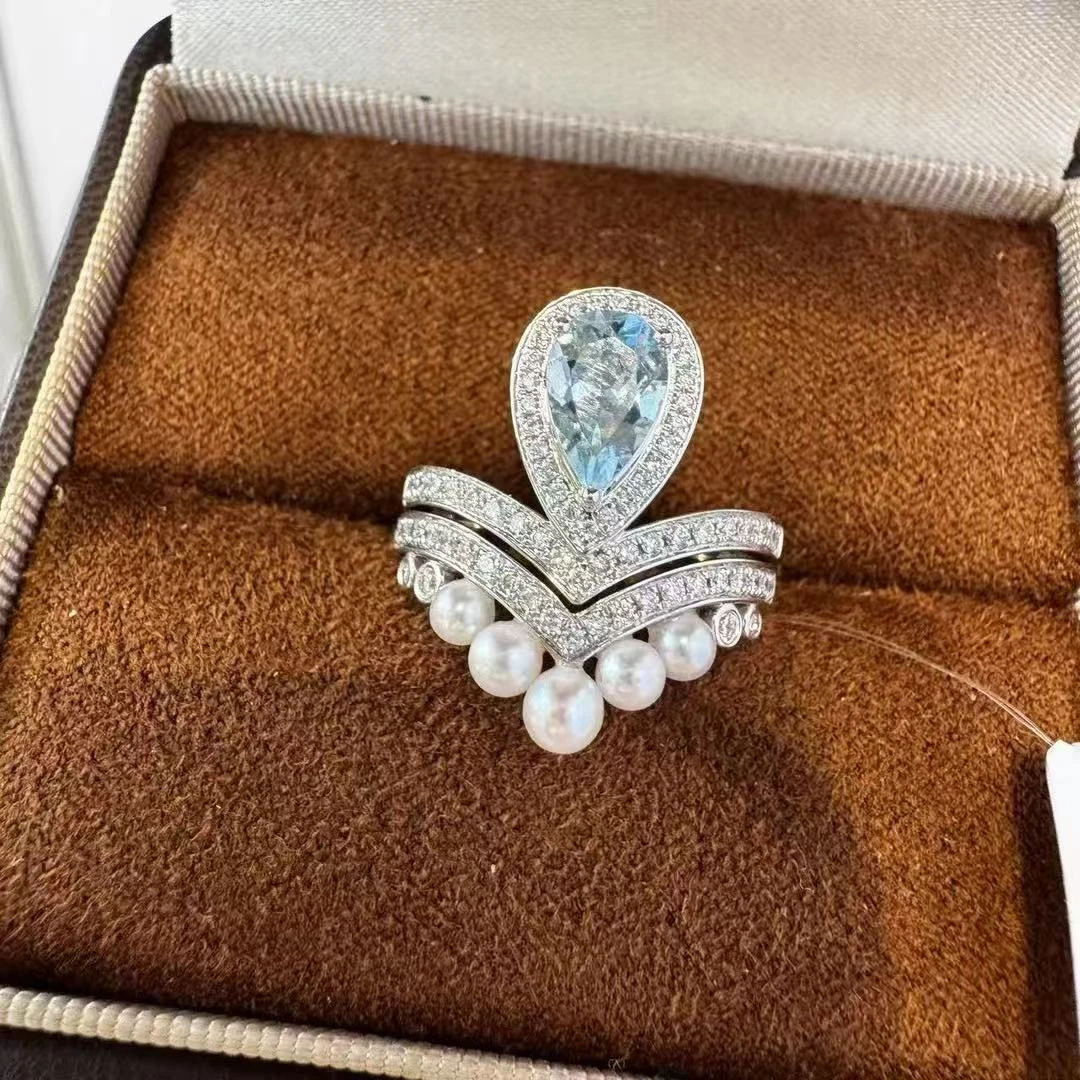 【六言精选H】海蓝宝珍珠皇冠戒指