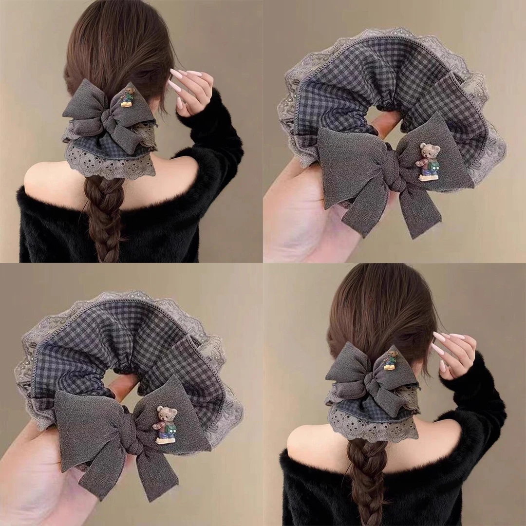 韩系复古灰色格子蝴蝶结蕾丝大肠发圈女超大丸子头低马尾头绳头饰