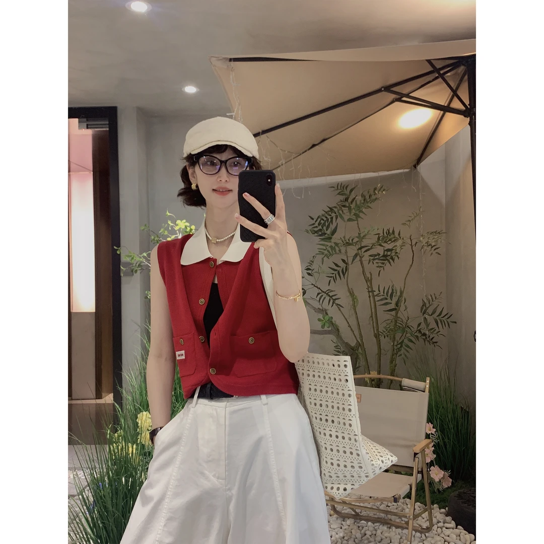 【骆小姐私服】通勤简约Polo领无袖针织背心2025新宽松撞色冰丝马甲