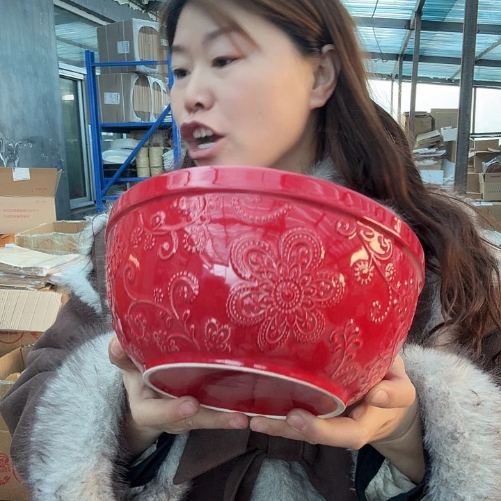 外贸陶瓷红色浮雕21厘米盆子微瑕