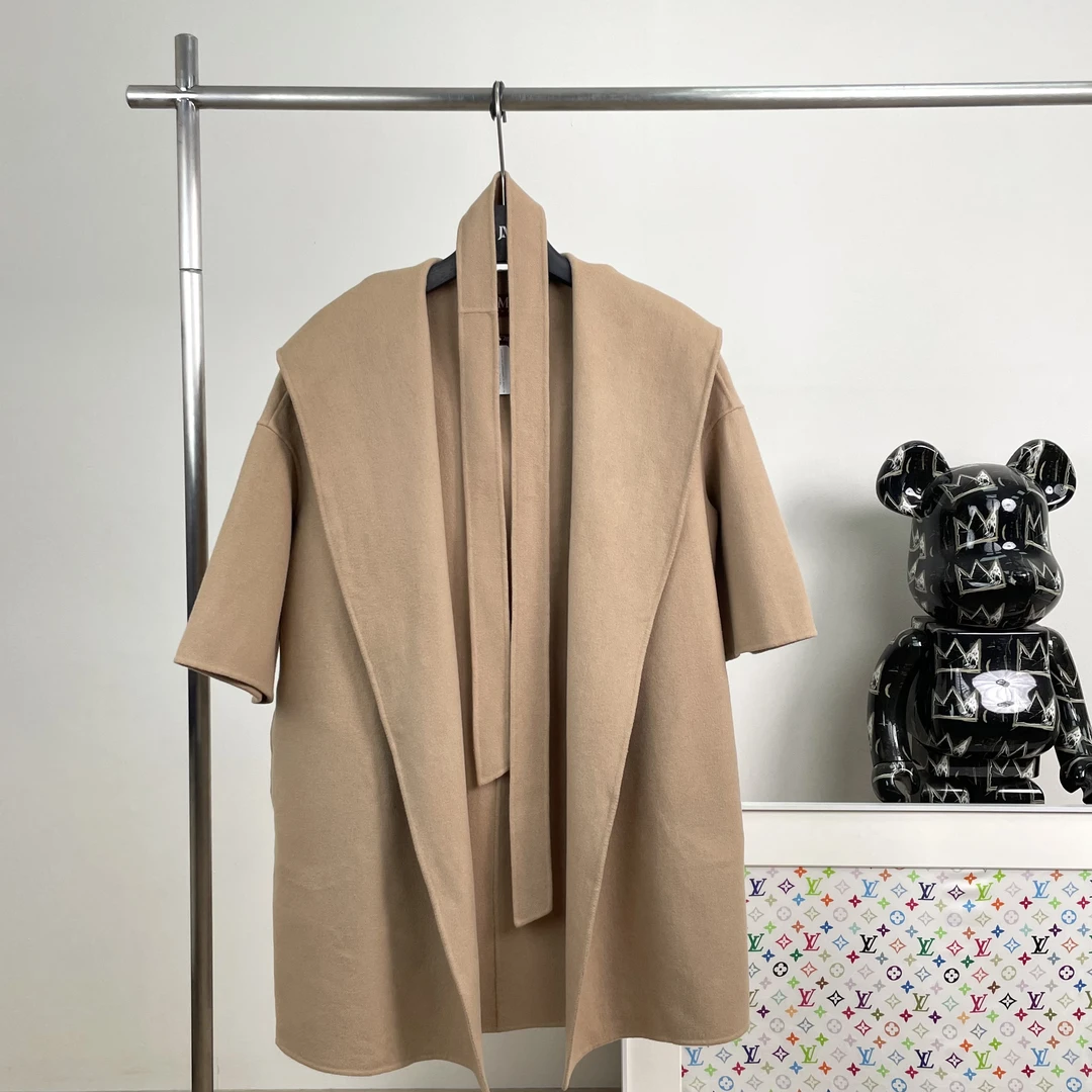 99新 maje 3673/MaxMara  浅驼色羊毛系带大衣7分袖