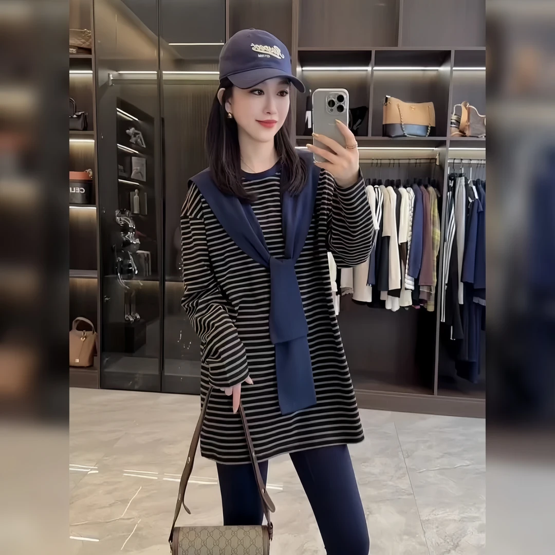 长袖上衣圆领女韩版拼接卫衣条纹中长款海军领时尚