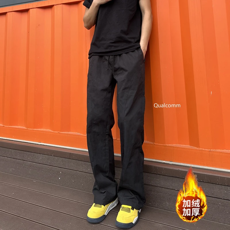 QUALCOMM秋冬加绒黑色休闲裤男美式斜切显瘦显高cleanfit微喇长裤