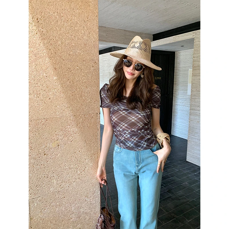 【ALONE SAVOR】龍喜儿  印象派 法式格纹斜肩修身设计款衬衫Z216