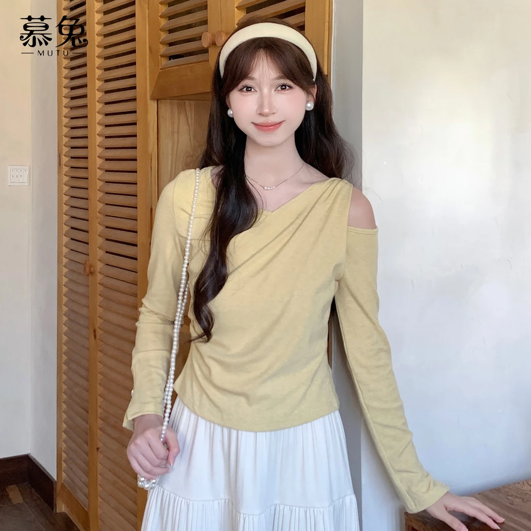 慕兔法式温柔风露肩长袖t恤女2025秋季新款小个子设计感小众上衣