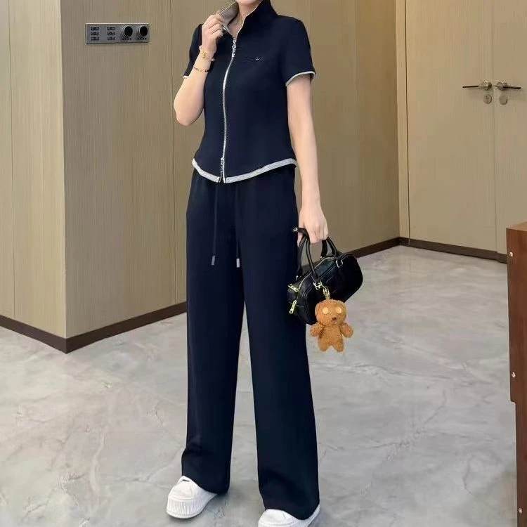 【锦衣服饰】F 606韩系拼色立领拉链短袖直筒裤套装