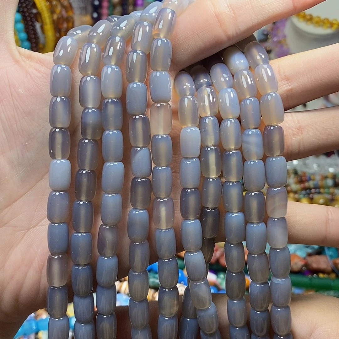 石英质玉未镶嵌，烟灰玛瑙桶珠8×12mm，