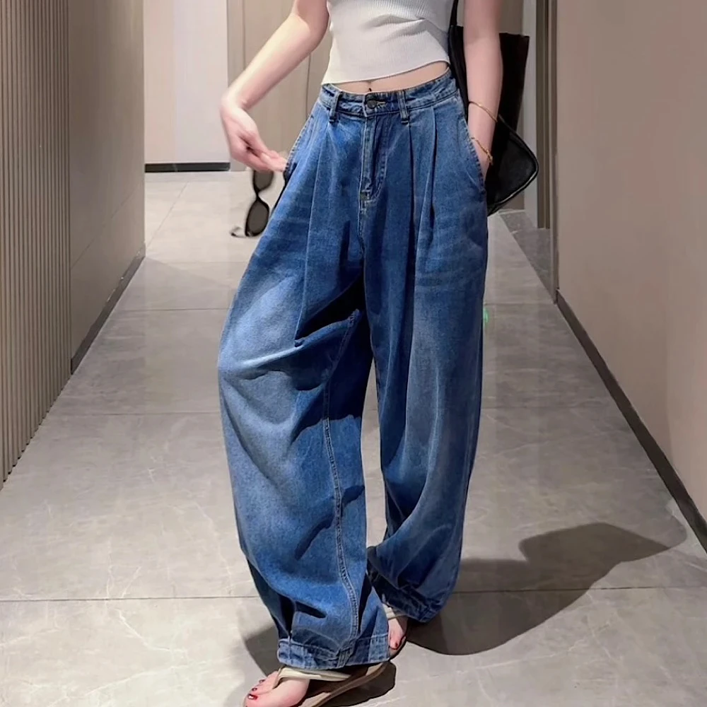 「FF」高腰阔腿直筒牛仔长裤春夏韩系宽松休闲拖地裤