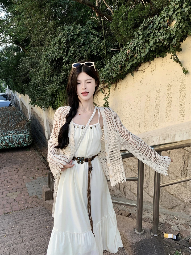 复古盐系设计感时尚长裙超仙系带露背纯色甜美连衣裙两件套女