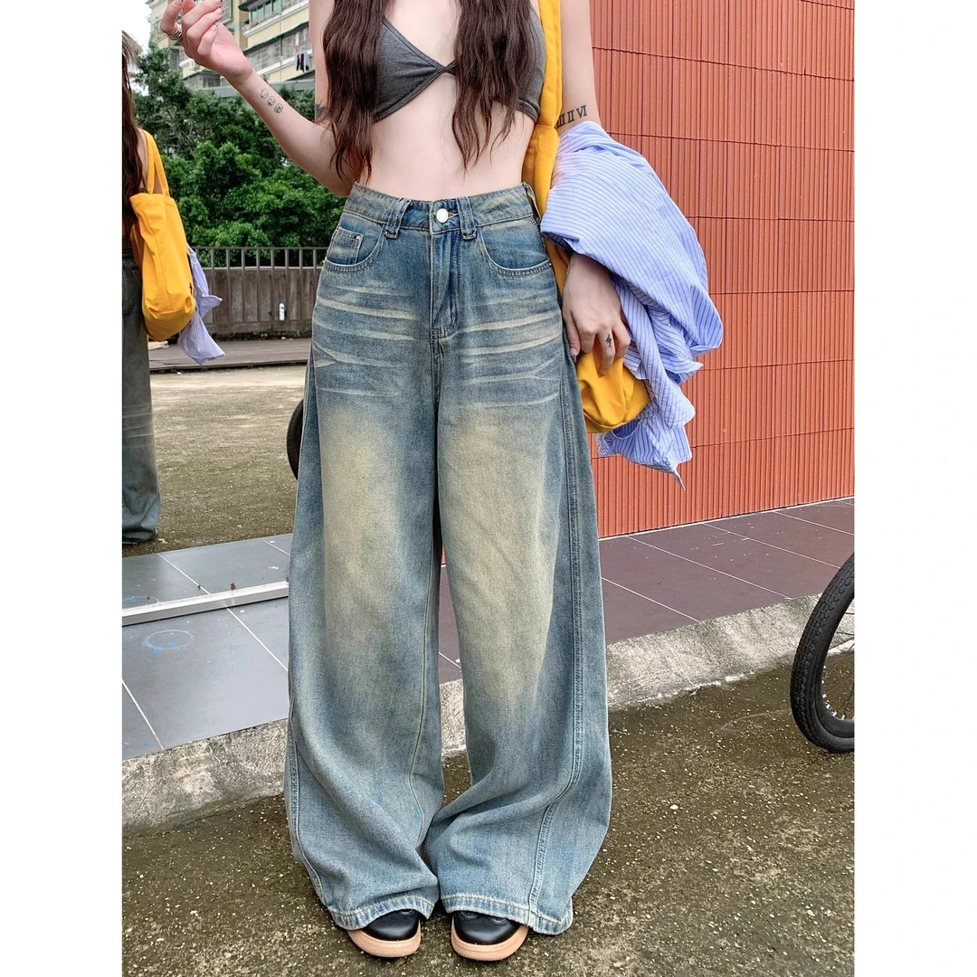 复古做旧阔腿女小个子辣妹高腰显瘦直筒裤宽松垂感拖地长裤