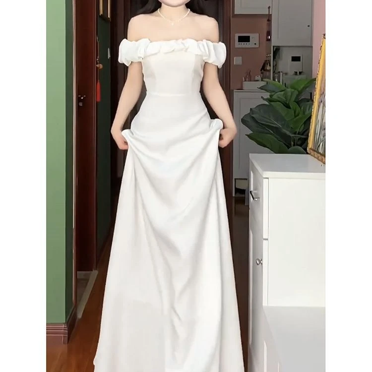 法式一字肩小众晚礼服新娘长裙白色礼服轻奢生日裙子气质轻婚纱