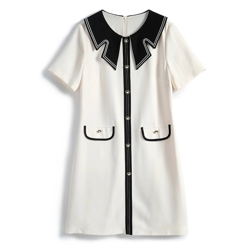 黑白撞色个性翻领单排扣收腰优雅小香风连衣裙2122
