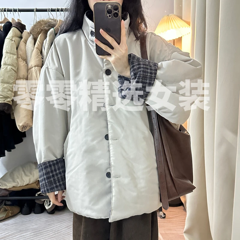 秋冬季棉服新款2024年设计感简约韩系中长款外套宽松女装格子