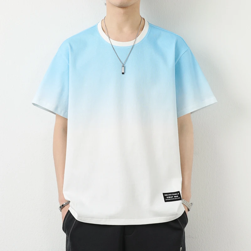 新款渐变色夏季男上衣T恤宽松服潮流潮牌圆领纯棉短袖