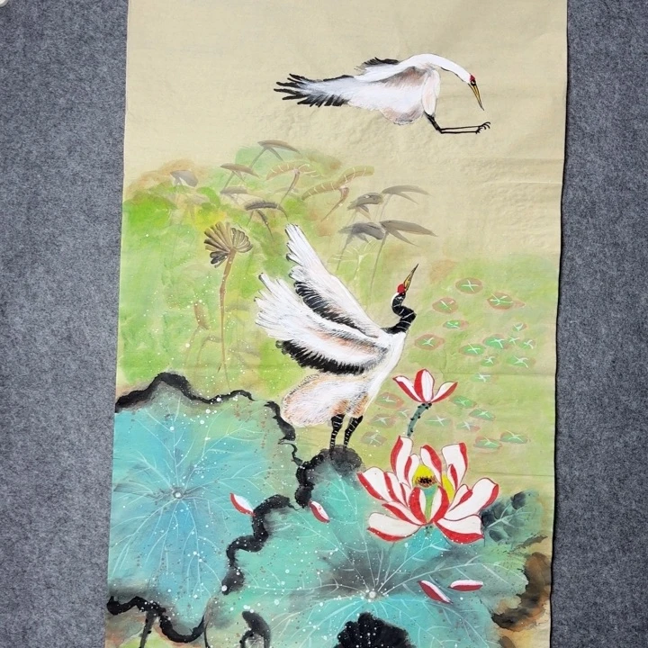 手绘写意仙鹤荷花图