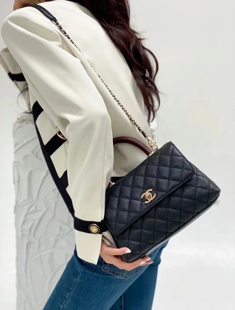 99新 Chanel/香奈儿 cocohandle 小号黑金红手柄荔枝纹