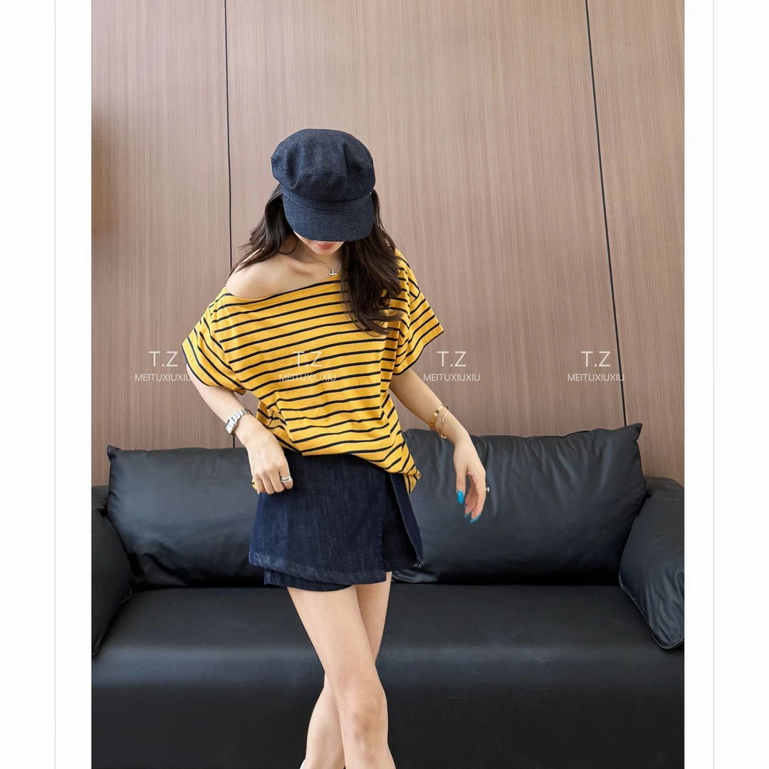 【婷子定制】150小个子改版夏款韩系宽松条纹露肩短袖上衣C586