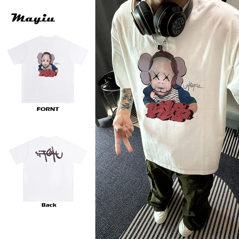 小众高街复古背面字母小男孩印花宽松舒适情侣圆领落肩短袖T恤