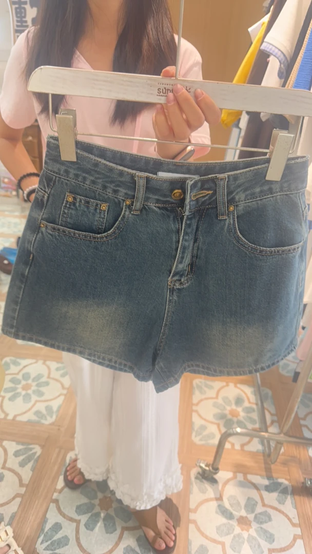 水洗高腰复古港风微弹力滚边短裤女装欧若假日风