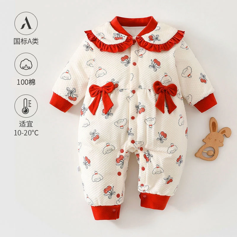 婴儿棉服秋冬款新生儿衣服120克加棉连体衣a类保暖宝宝喜庆哈衣