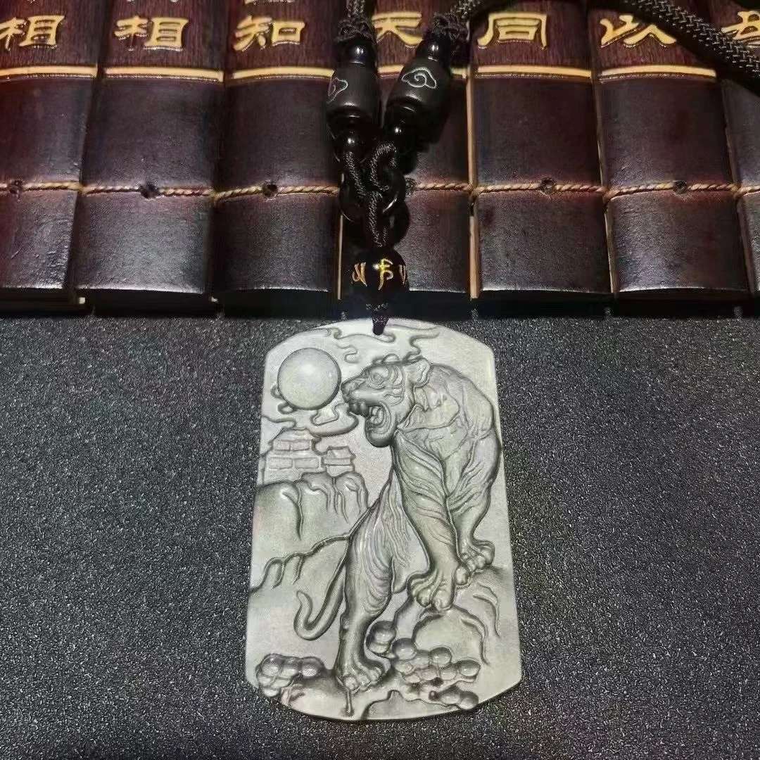 天然黑曜石吊坠墨西哥银曜石猛虎登山吊坠项链时尚百搭寓意好礼物