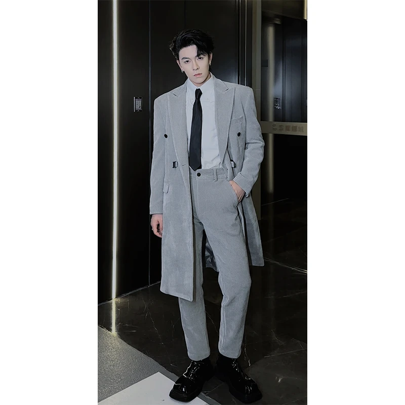 秋冬新款潮流复古灯芯绒高级感长款百搭西服风衣外套