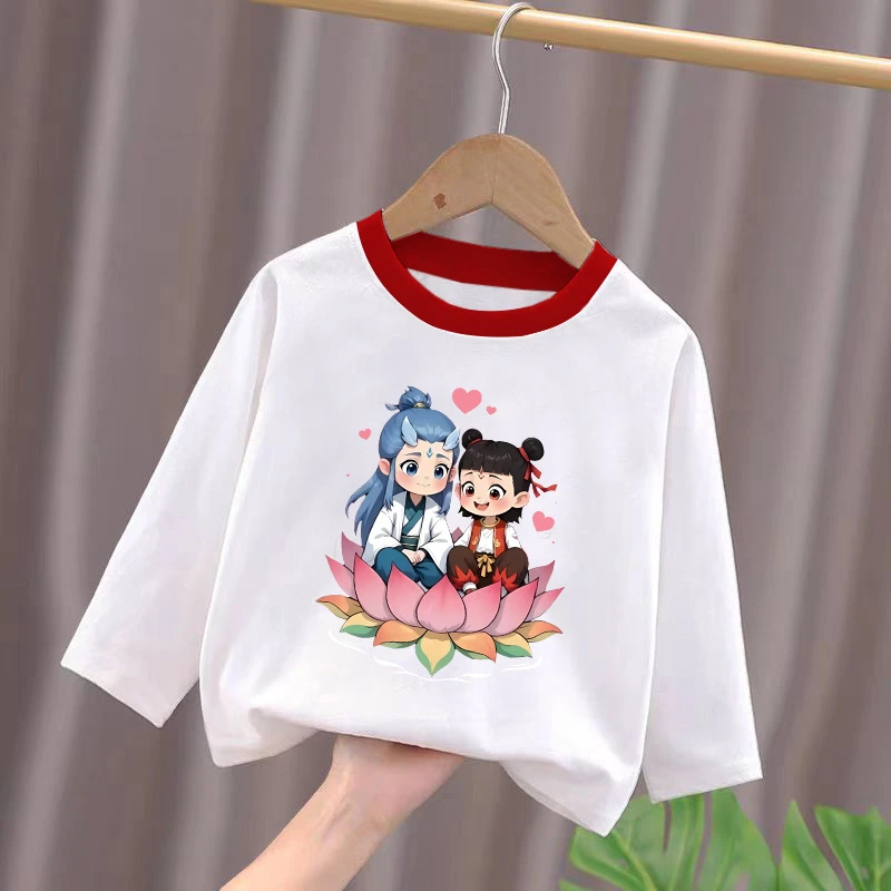 莲花哪吒敖丙趣味文字T恤亲子圆领棉长袖男童女童儿童春季出游