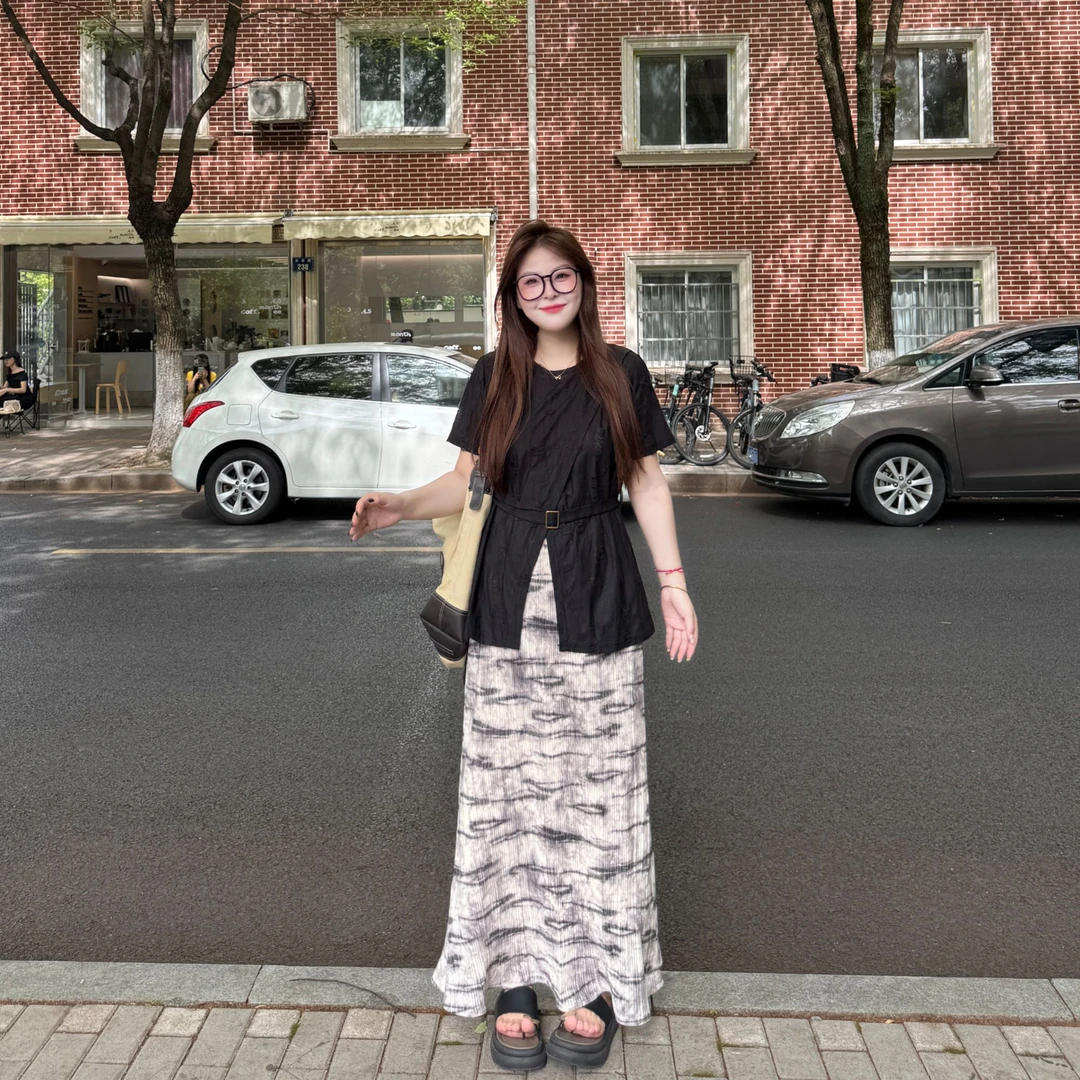 盈盈&南岛风大码女装褶皱针织上衣胖mm宽松显瘦短袖T恤ZYY1714