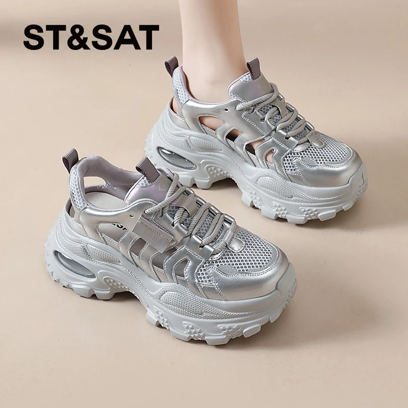 星期六镂空银色老爹鞋女2025新款夏季运动凉鞋透气女士潮牌休闲鞋