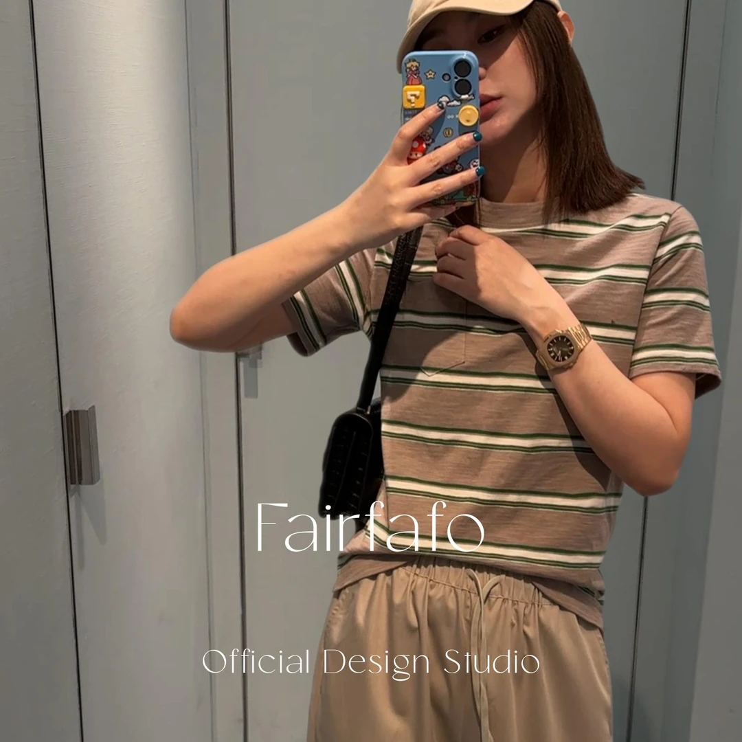 【彩条素文短袖】TXCL57044显白舒适透气新款撞色条纹短袖