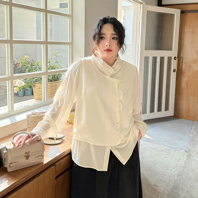 CC5155大码女装【新中式国风衬衫】气质提花假两件春季新款长袖上衣