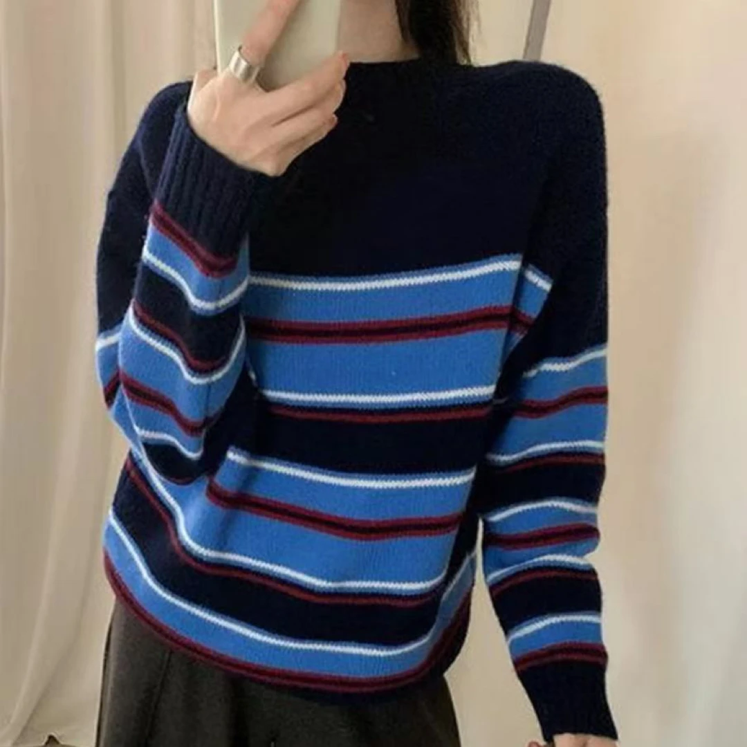 宽松慵懒风条纹套头2025秋装新款羊毛针织女装休闲上衣毛衣外7297