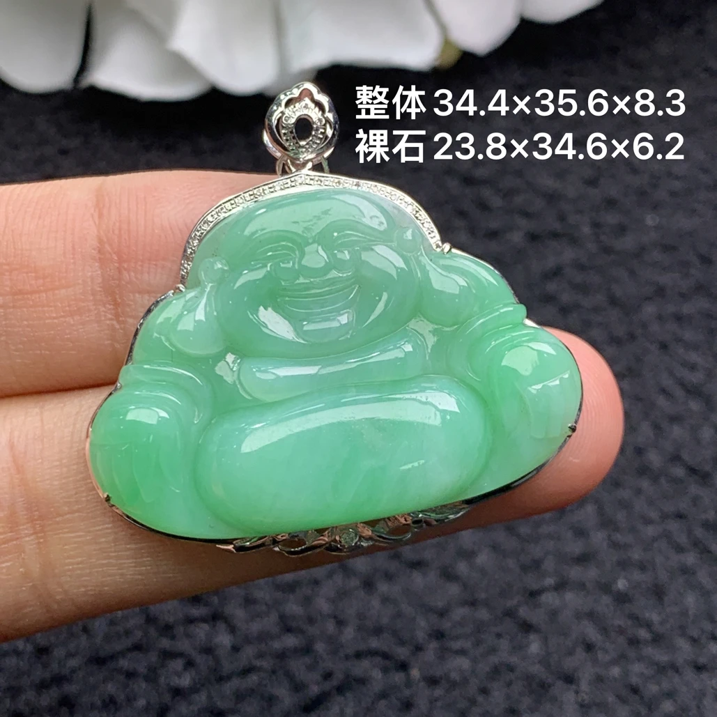18k金镶嵌天然缅甸翡翠阳绿佛公吊坠34.4×35.6×8.3/23.8×34.6×6.2